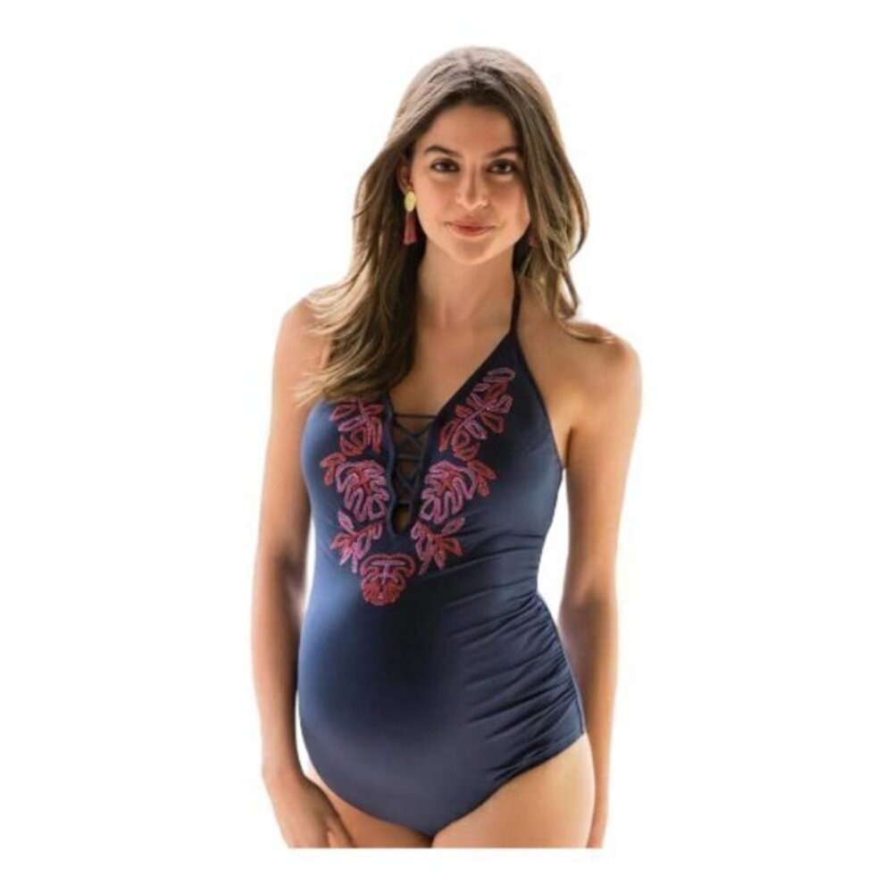 Maternity Navy Blue V-Neck Halter Ruched Swimsuit Size Medium NWT #1029